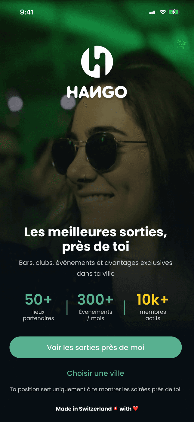 Hango onboarding screen: logo over a night-out photo, headline “The best nights out, near you”, three product figures, the button “See nights out near me” and “Choose a city”