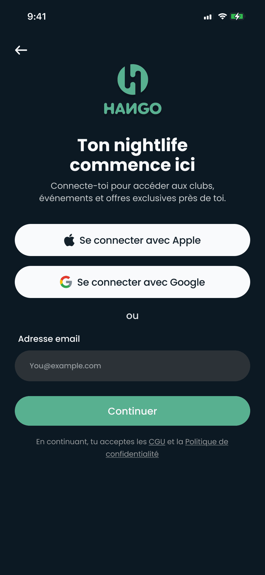 Hango sign-in screen: logo, headline “Your nightlife starts here”, Sign in with Apple, Sign in with Google, an email field and the Continue button