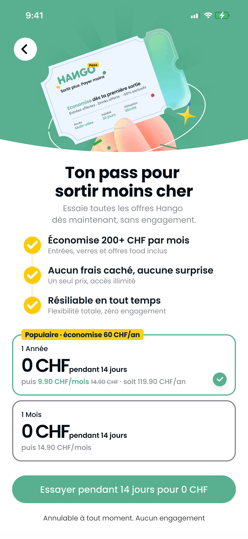 Hango paywall: a pass illustration, headline “Your pass to go out for less”, three benefits, a yearly and a monthly plan and the 14-day trial button