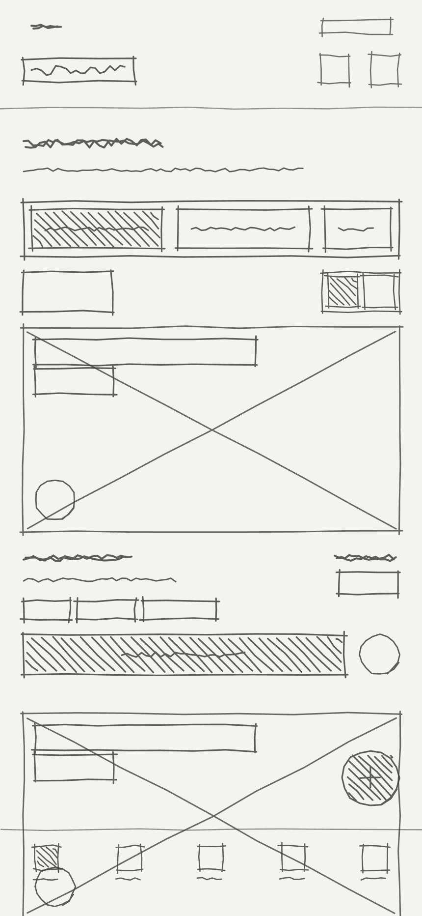Sketch of the Discover screen: hand-drawn blocks for the header, the tabs, the event cards and the bottom navigation