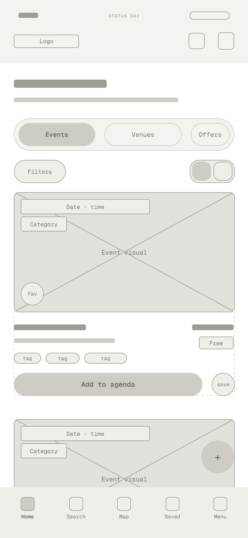 Low-fidelity wireframe of the Discover screen with grey placeholders for every element
