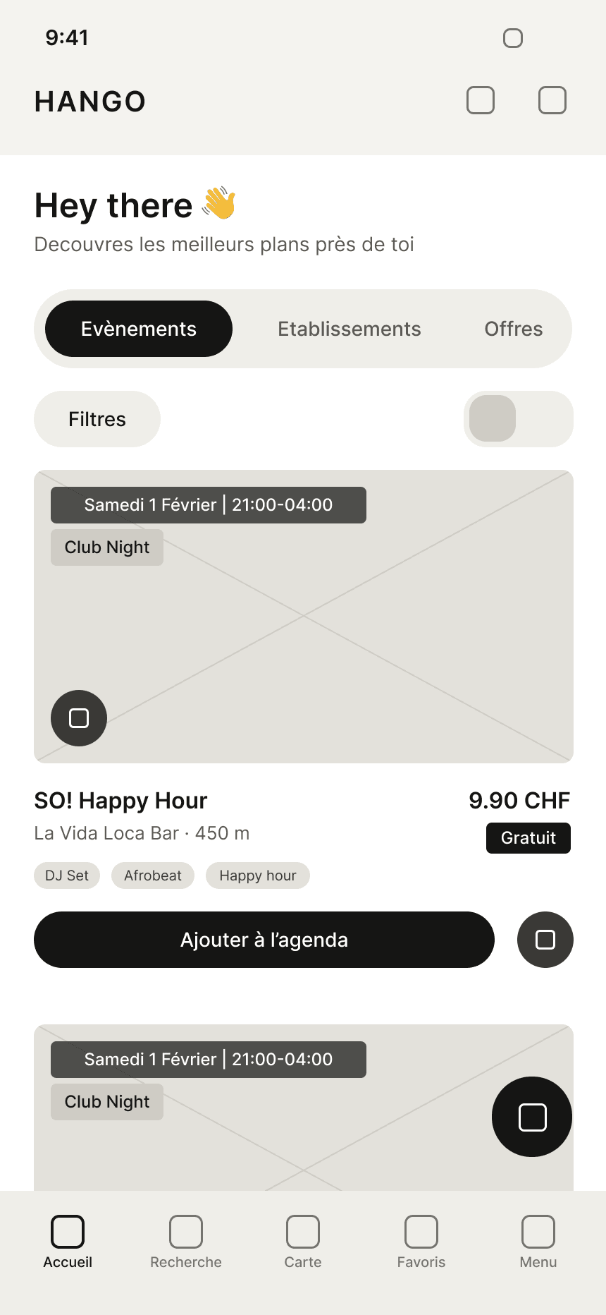 Mid-fidelity version of the Discover screen with the real labels and content, in greys