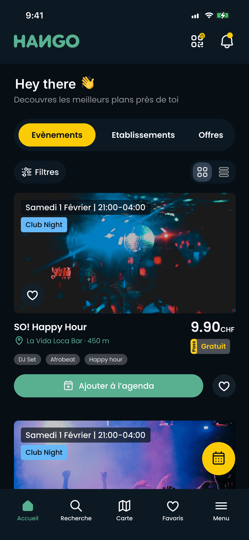 Hango Discover screen: greeting, Events / Venues / Offers tabs, filters and an event card with its photo, price and tags