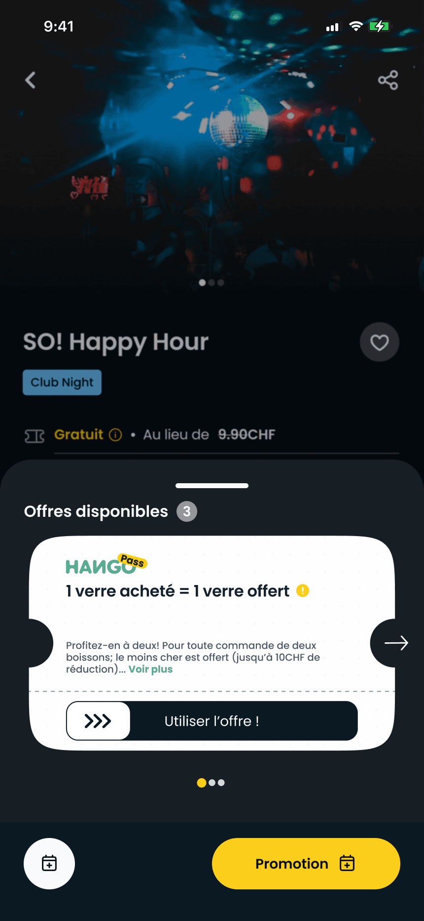 Hango event detail: photo, title, free entry instead of 9.90 CHF, and the sheet of available offers with a “use the offer” button