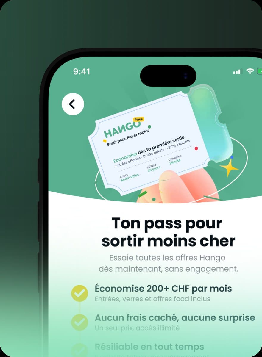 Hango.ch app on a phone, showing a pass offer screen on a green wave background