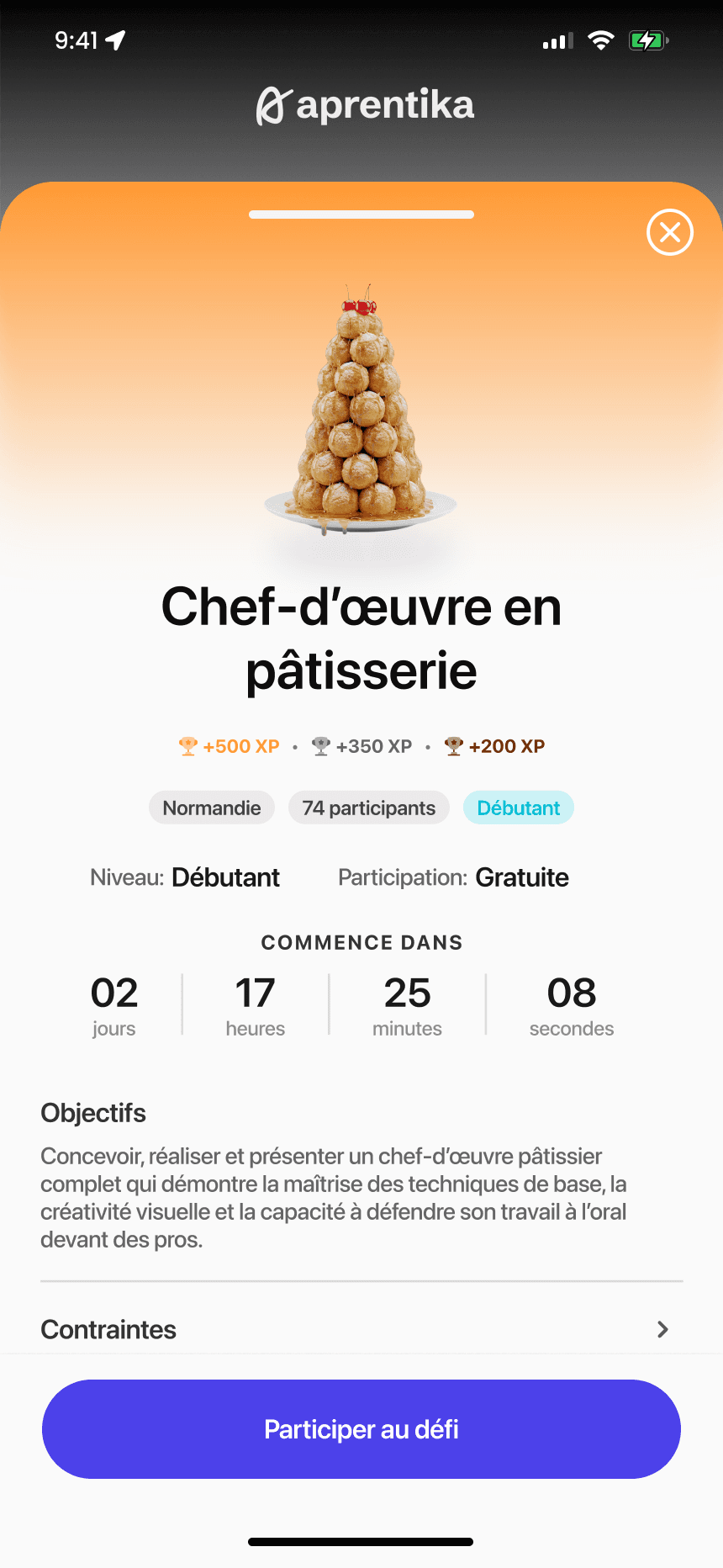 Challenge sheet: a masterpiece in pastry, its rewards, level, free participation, countdown, objectives and the Take part button.