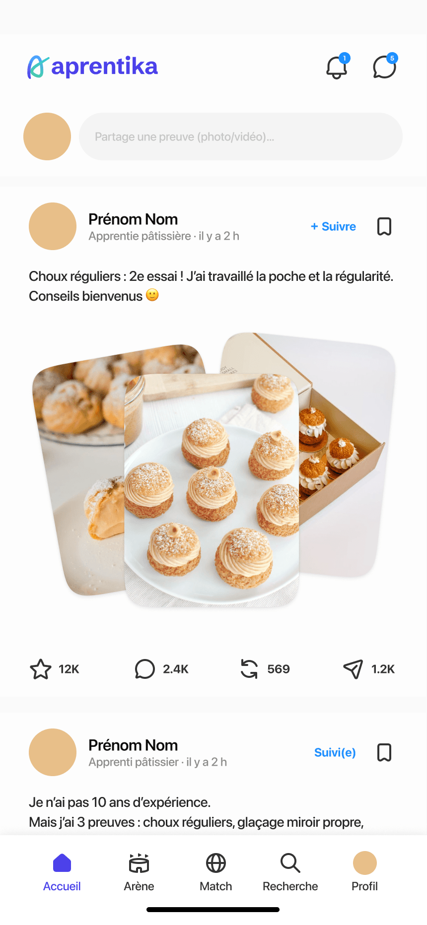 Home feed: an apprentice’s post of choux pastries shared as a proof of skill, with reactions, and the tab bar Home, Arena, Match, Search, Profile.