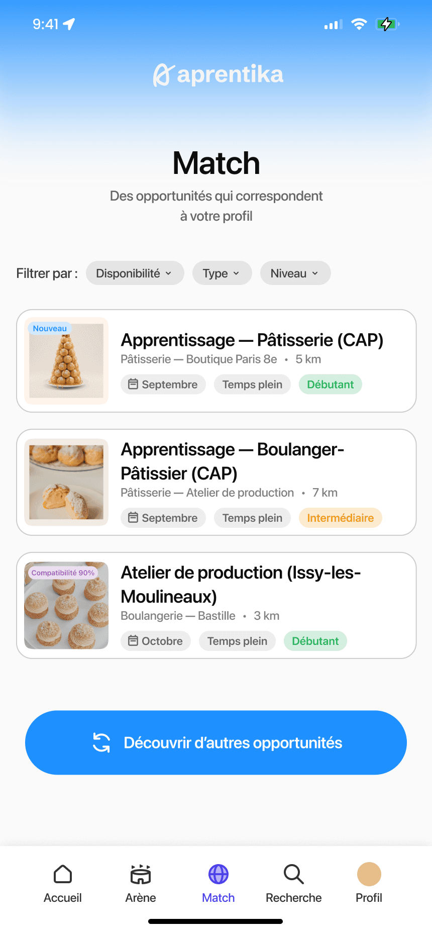 Match screen: three apprenticeship offers that match the profile, with filters by availability, type and level, and a button to discover other opportunities.