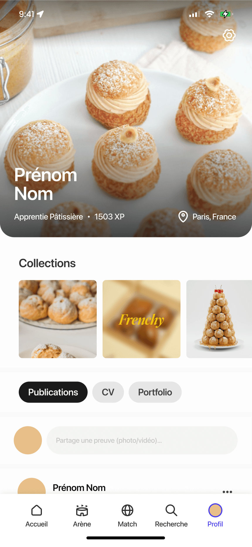 Profile screen: cover photo of pastries, apprentice level and XP, collections, and the Publications, CV and Portfolio tabs.