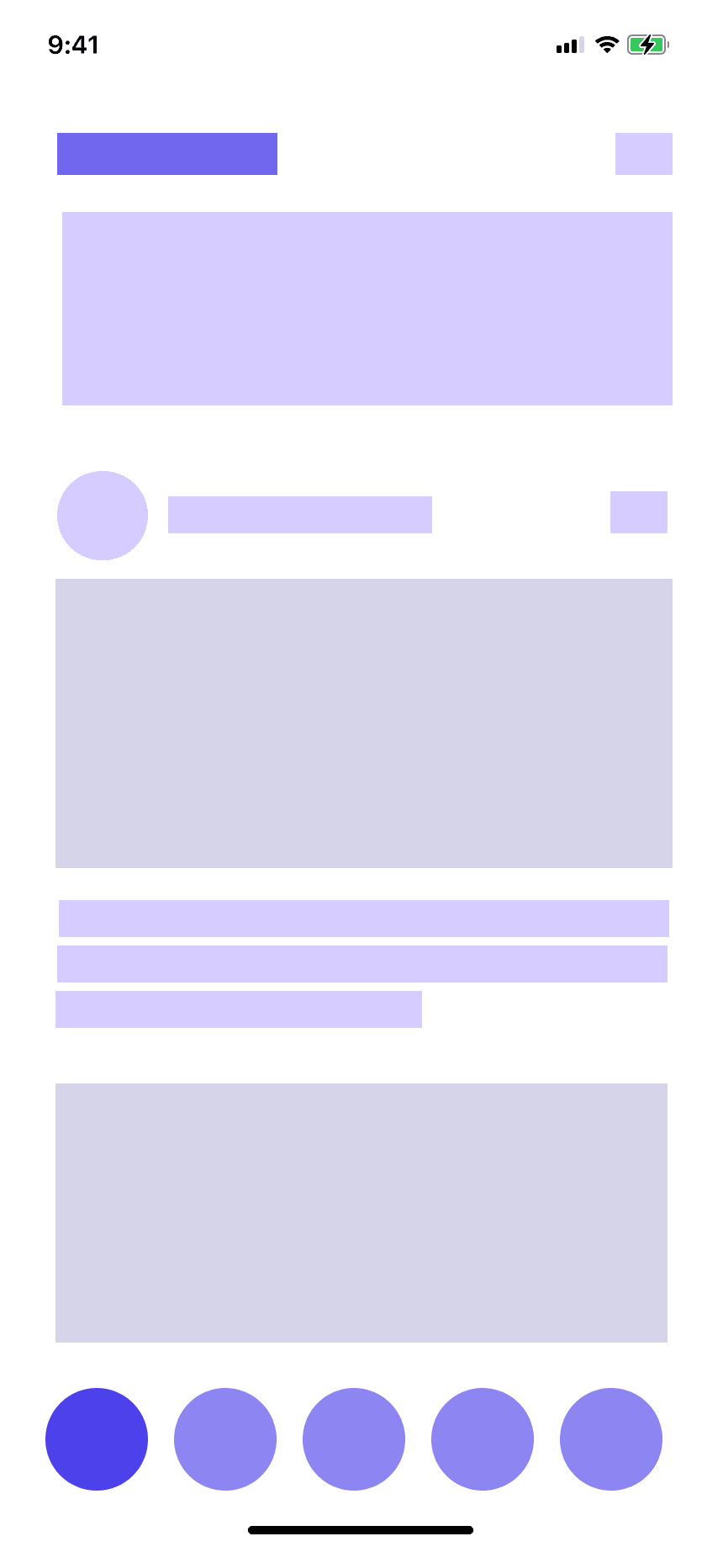 Wireframe of the home feed: header, banner, a post with author, image and text, tab bar.