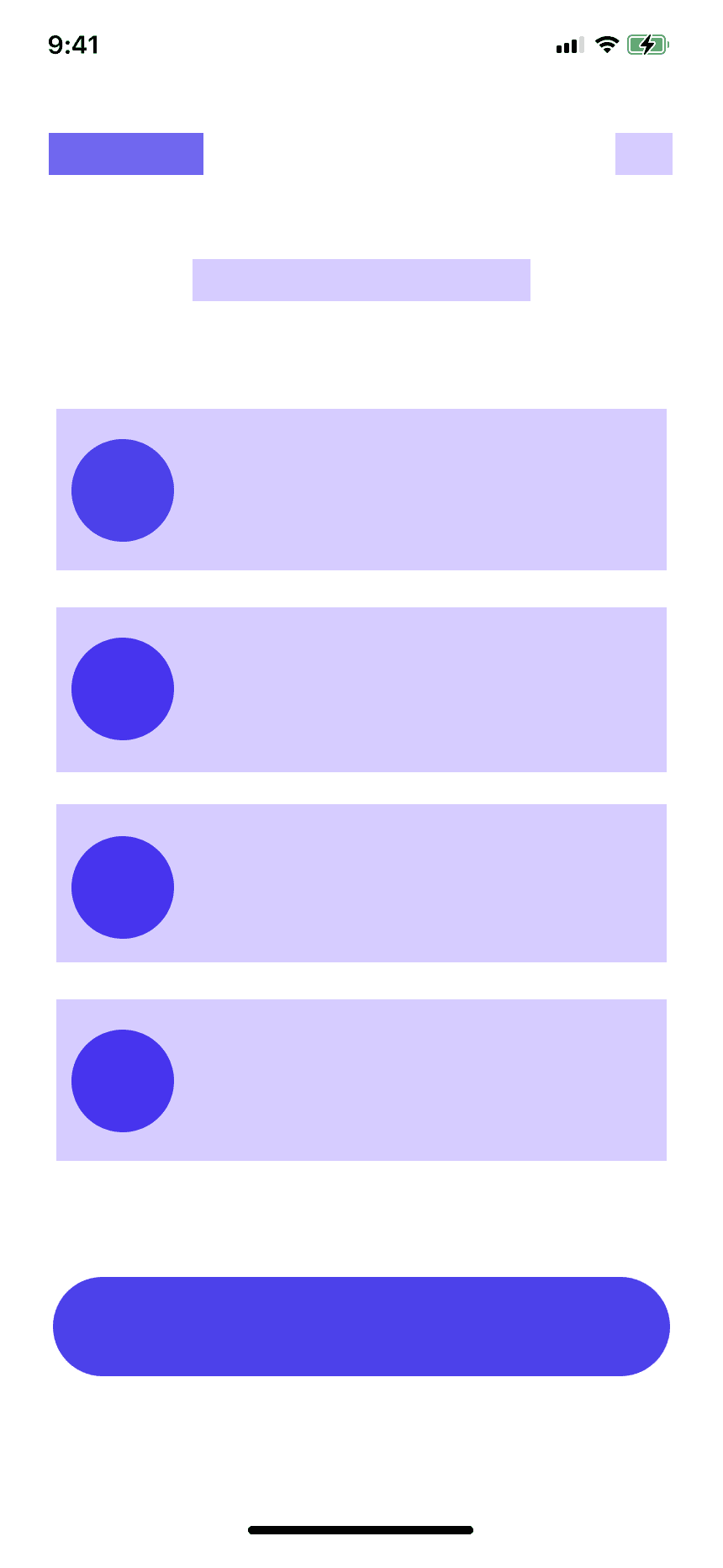 Wireframe of the matching screen: title, four list items with a thumbnail, main button.