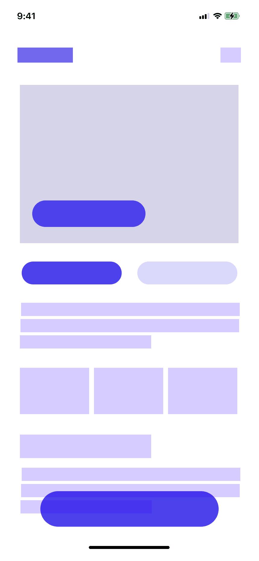 Wireframe of the offer page: cover with an action, two buttons, text blocks, three tiles, main button.