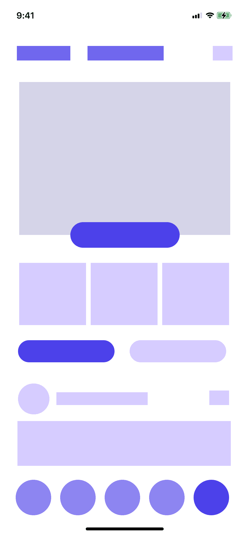 Wireframe of the profile: cover with an action, three tiles, two tabs, a post, tab bar.