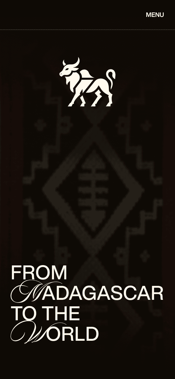 Mobile hero of the home page: the zebu emblem over the woven textile and the title “From Madagascar to the World”, with the menu button in the top bar.