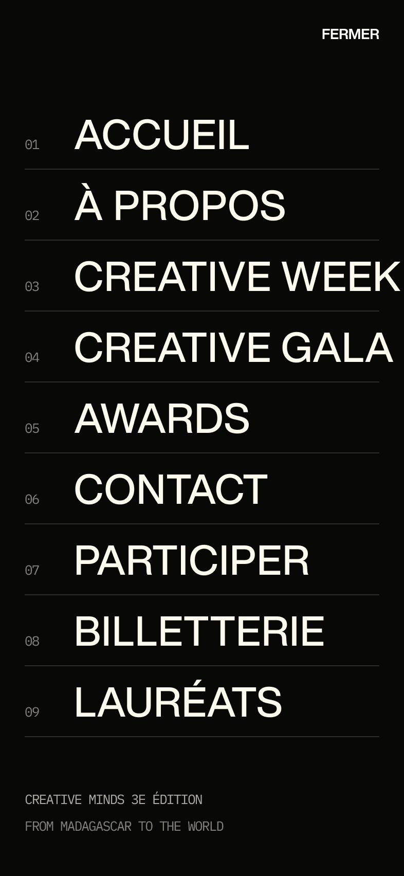 Open mobile menu on a black background: nine numbered entries, Accueil, À propos, Creative Week, Creative Gala, Awards, Contact, Participer, Billetterie, Lauréats, and a “Fermer” button.