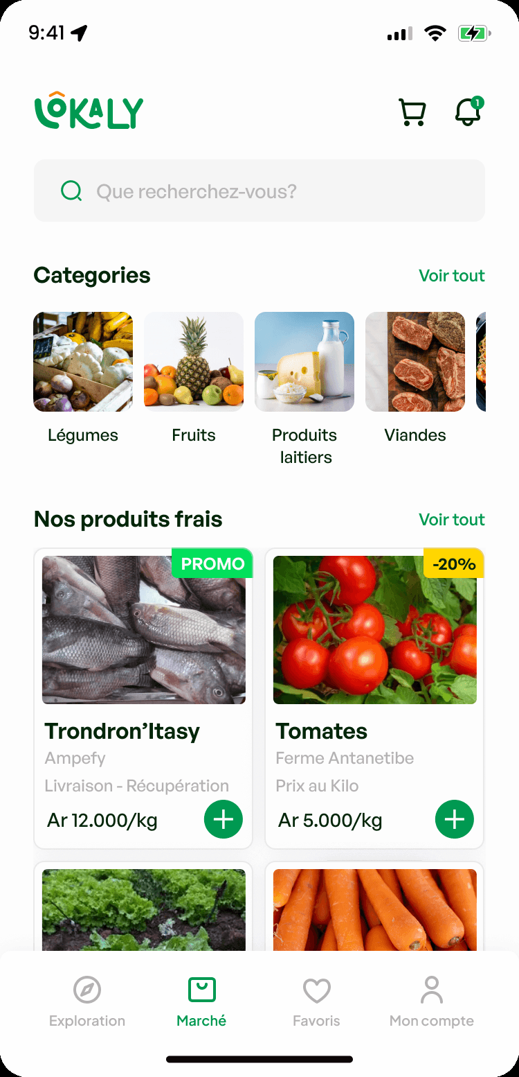 High-fidelity market screen: the Lokaly logo, a search field, photographed categories (Légumes, Fruits, Produits laitiers, Viandes), fresh products such as Trondron’Itasy from Ampefy with delivery or pickup and tomatoes from Ferme Antanetibe at a price per kilo, and a bottom bar with Exploration, Marché, Favoris and Mon compte.
