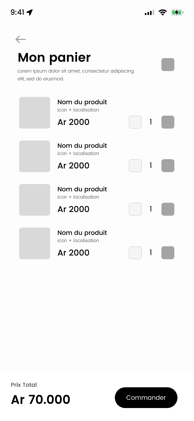Wireframe of the basket “Mon panier”: four product lines with a thumbnail, a name, a location, a price and a quantity, a total of Ar 70.000 and a “Commander” button.