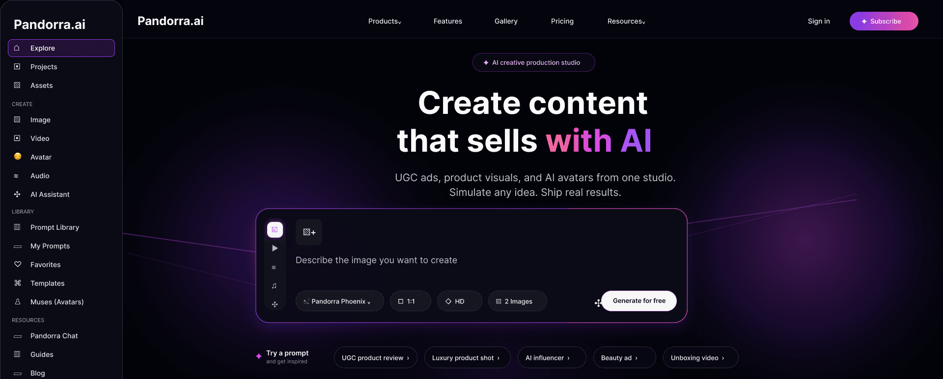 Explore redesign, final direction: sidebar with Create, Library and Resources groups, headline “Create content that sells with AI”, the prompt composer at the centre and five prompt suggestions