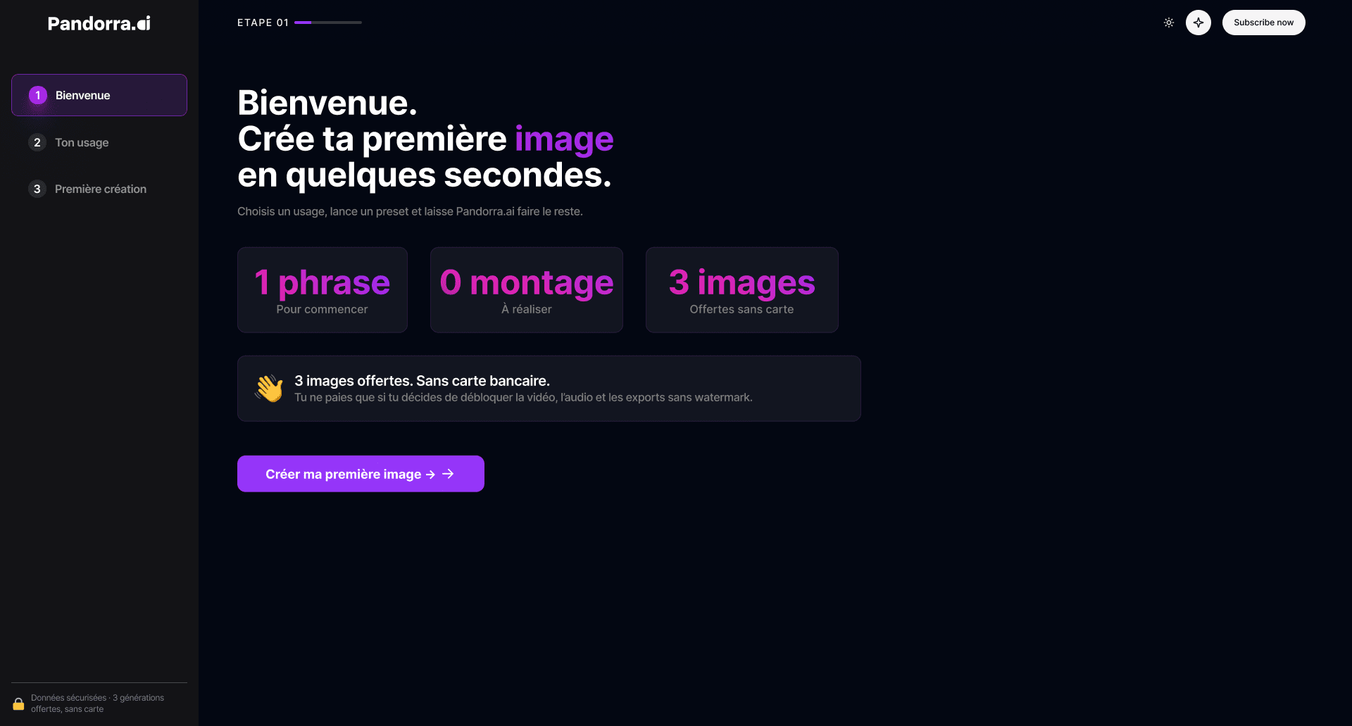 Onboarding step 1, welcome: headline “Create your first image in a few seconds”, three promises and the button “Create my first image”